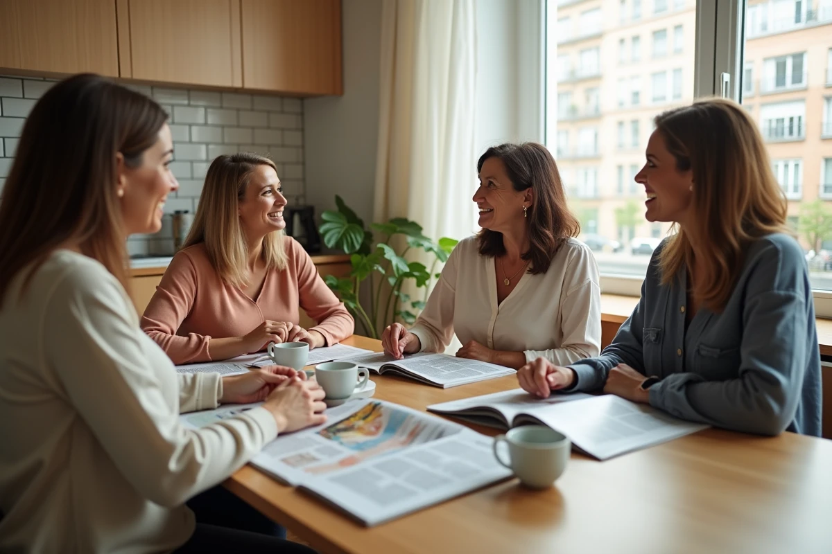 Groupe de femmes discutant de maternité autour d'une table de cuisine moderne, débat société et grossesse