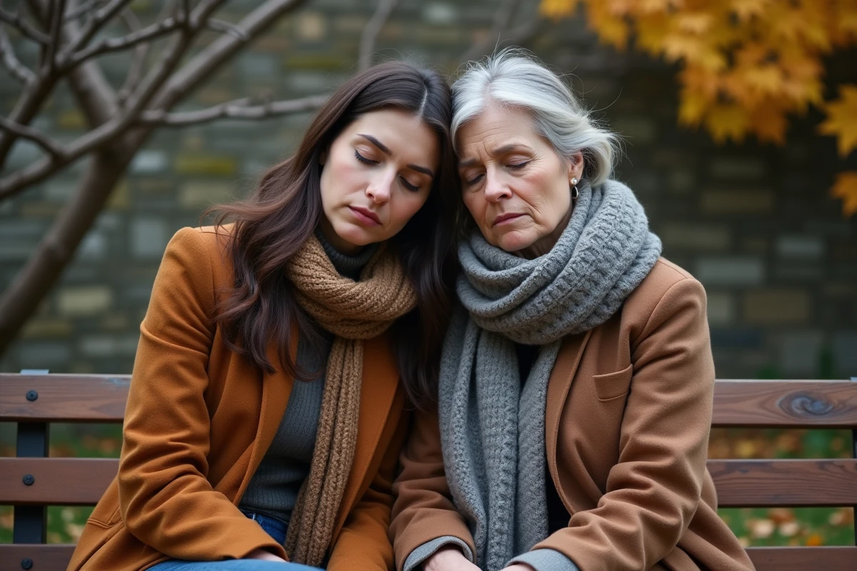 Deux femmes assises dans un jardin en automne partageant un moment de recueillement en mémoire d'une tante disparue