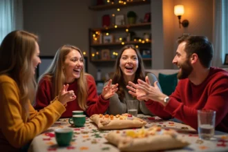 Groupe d'adultes riant lors d'une fête conviviale à la maison