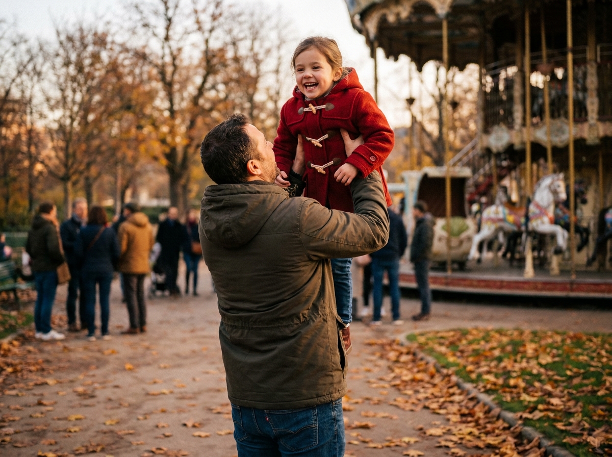 Père et fille profitant d'une fête foraine en plein air dans un parc parisien à l'automne pendant la Toussaint