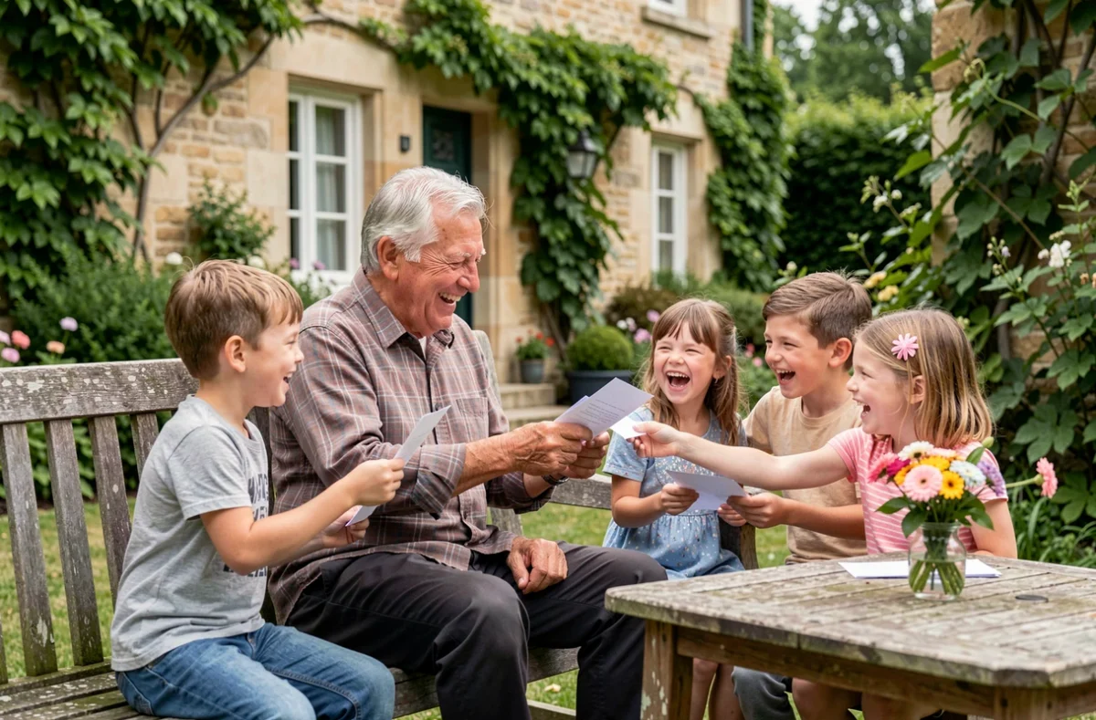 Grand-père entouré de ses petits-enfants dans un jardin pour la fête des grands-pères