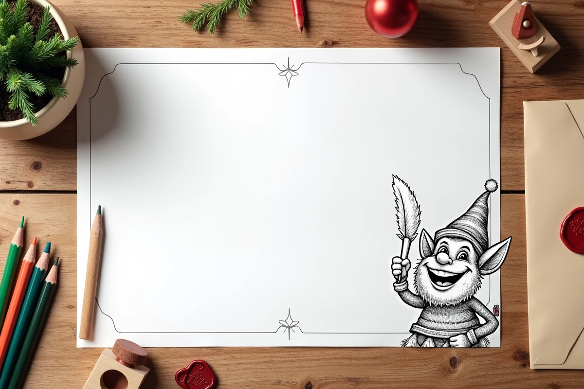 Vue de dessus d'une feuille à colorier représentant un lutin farçeur entourée de crayons de couleur et d'accessoires de papeterie festive sur une table en bois