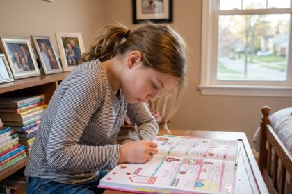 Jeune fille de 10 ans écrivant dans un cahier organisé