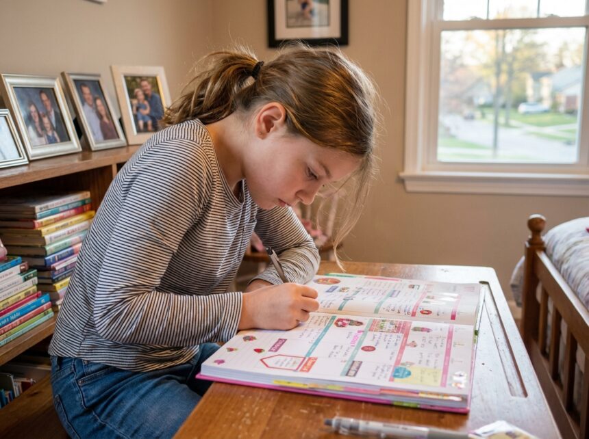 Jeune fille de 10 ans écrivant dans un cahier organisé