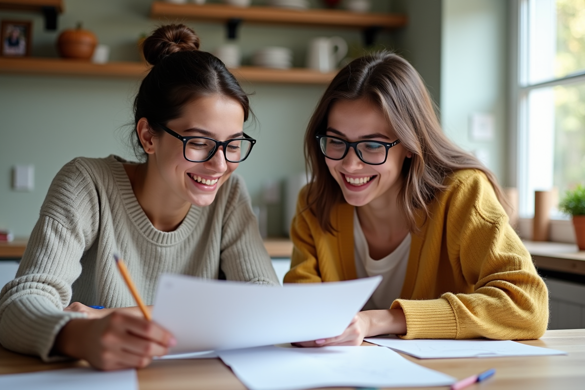 Fille de 16 ans et sa mère examinent un devoir à la table