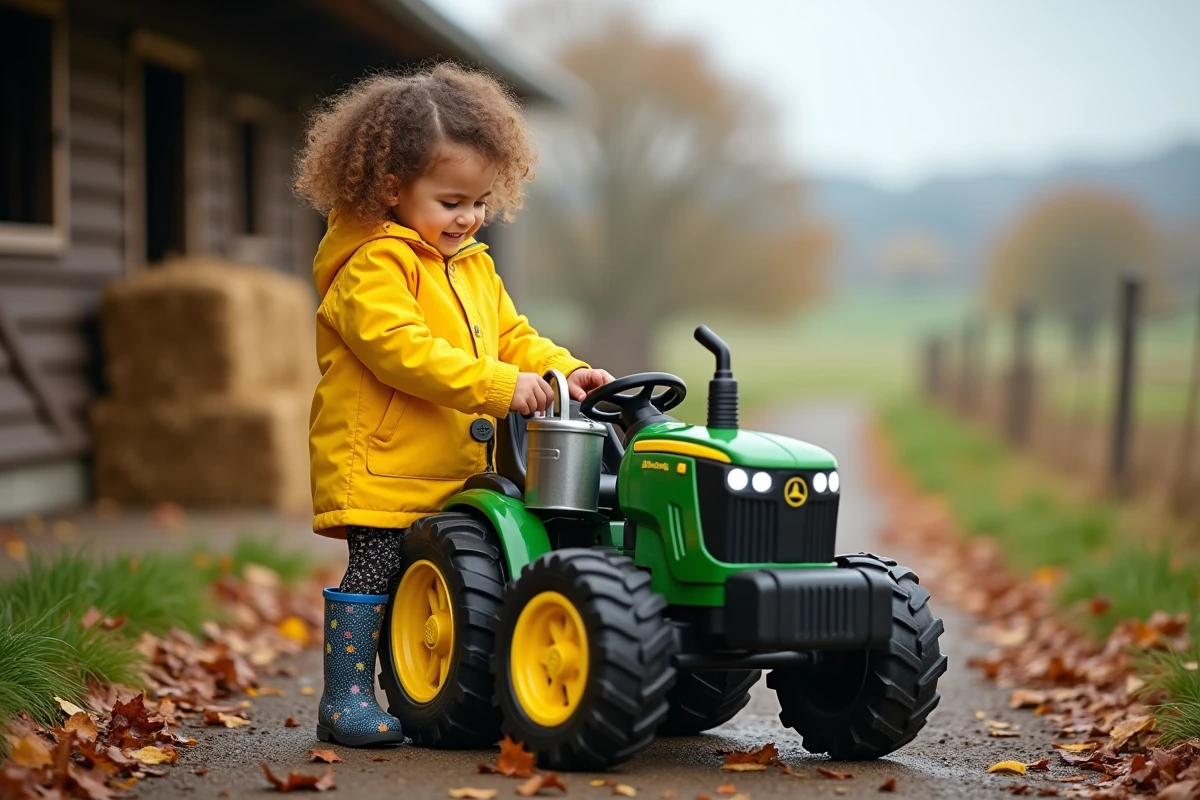 Fille en raincoat jaune avec tracteur dans un environnement rural