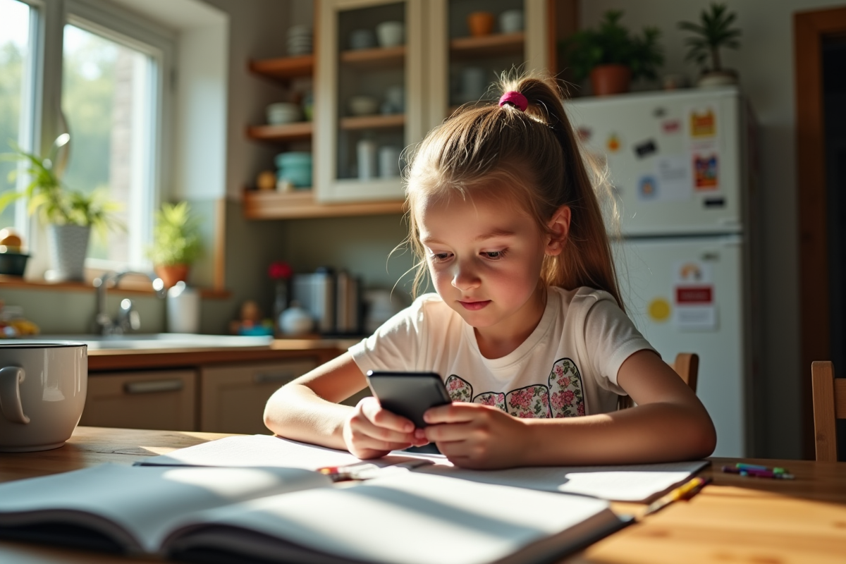 Fille de 11 ans distraite avec smartphone à la cuisine