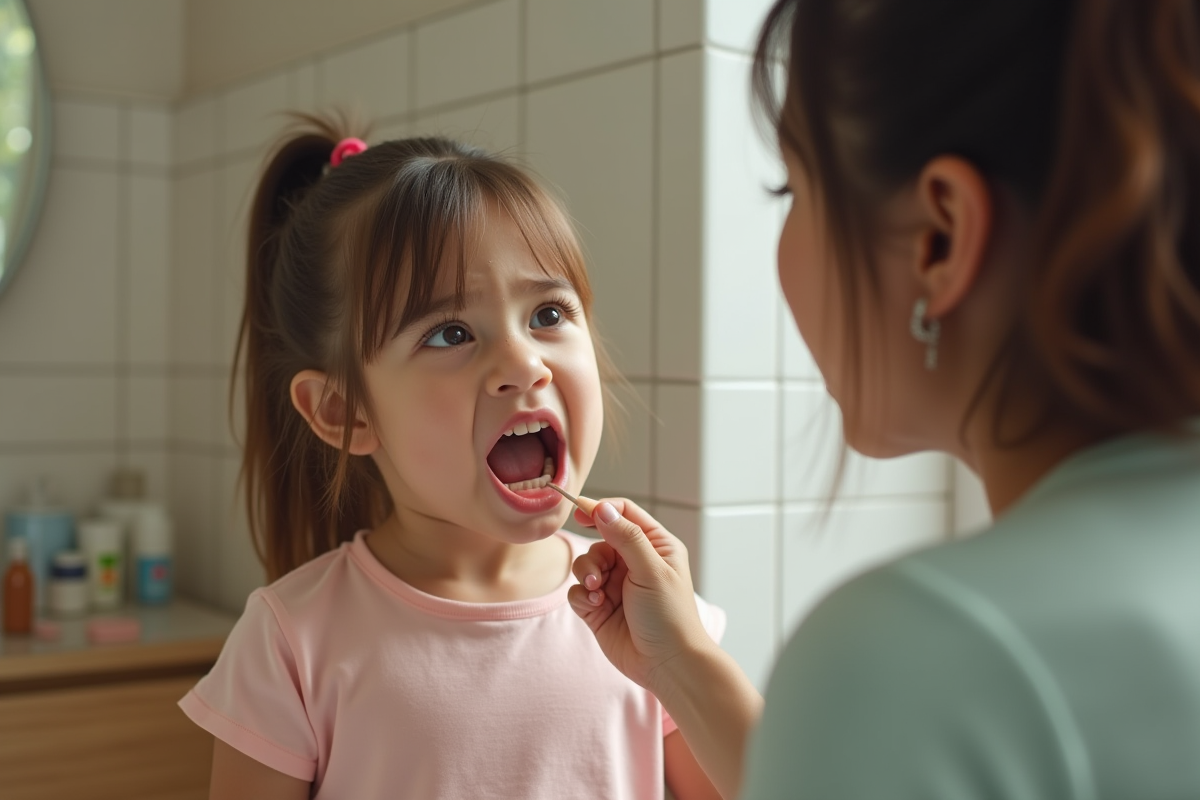 Fille montrant sa dent en émergence devant le miroir familial