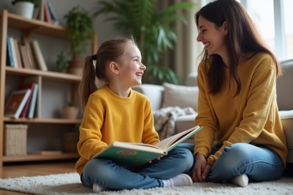 Jeune fille souriante avec une femme dans un salon chaleureux
