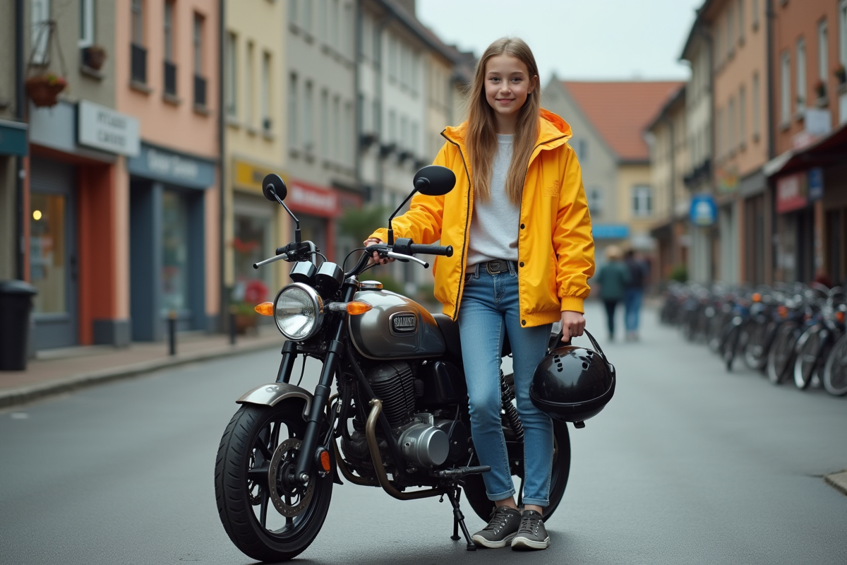 Fille de 14 ans avec sa moto en parking de ville