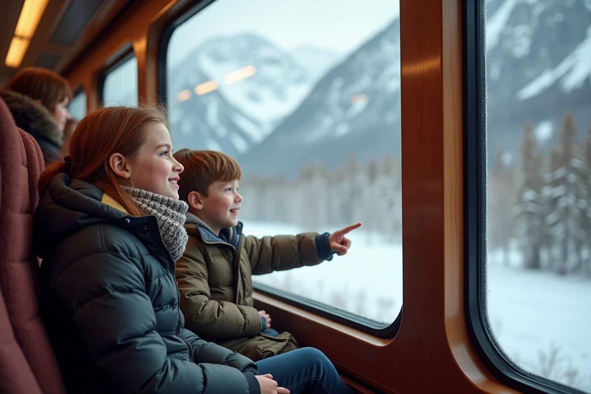 Jeune fille regardant les montagnes enneigées depuis le train