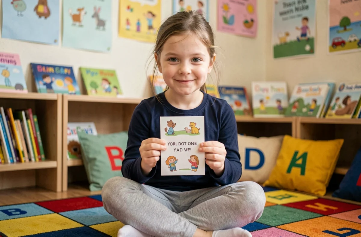 Jeune fille de CE1 concentrée sur une carte de devinette logique dans un coin lecture de classe primaire