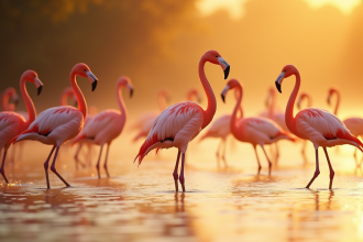 Groupe de flamants roses au lever du soleil dans l'eau