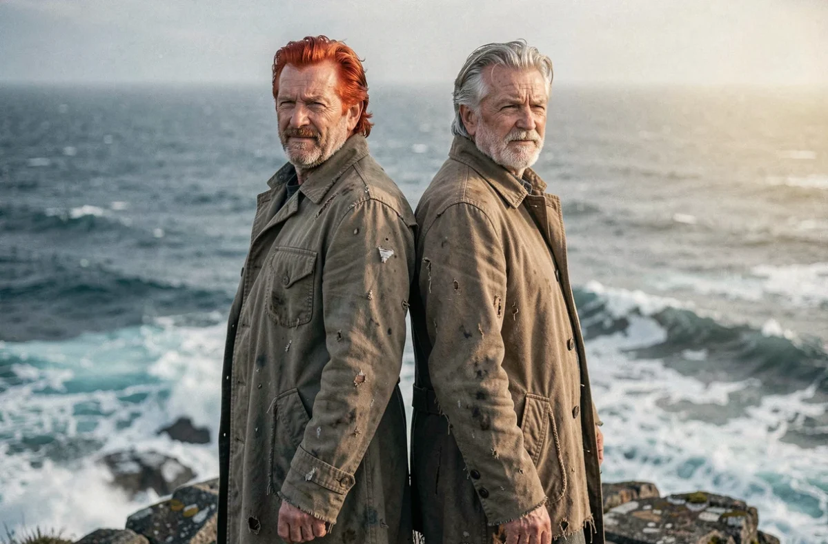 Deux hommes aux histoires liées se tenant dos à dos face à l'océan, illustrant la rivalité fraternelle dans l'univers de One Piece
