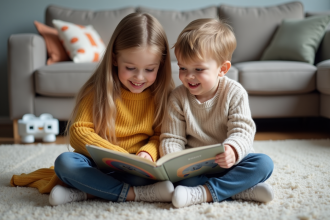 Deux freres souriants lisant un livre dans un salon familial