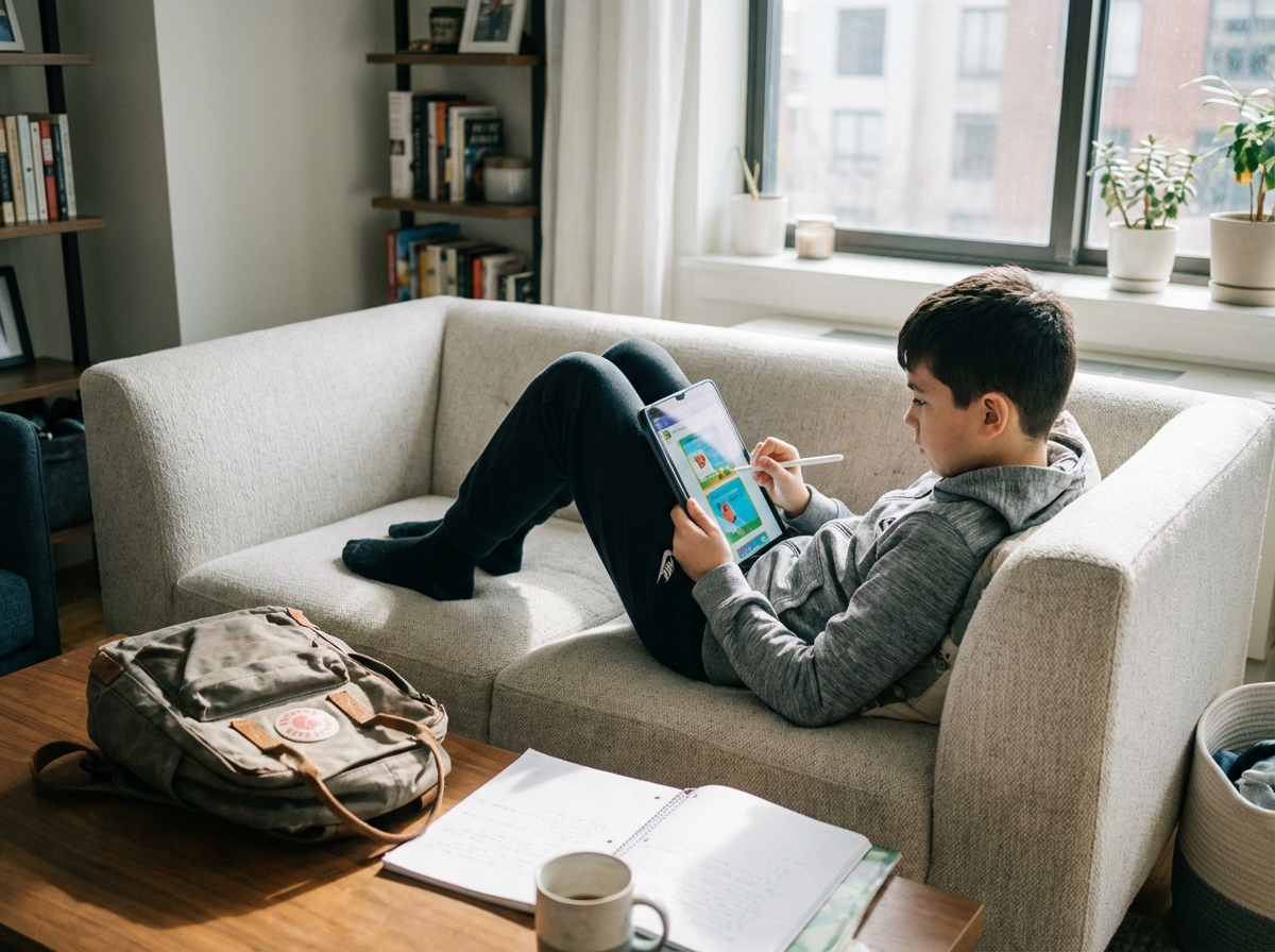 Garçon de 12 ans utilisant une tablette dans le salon