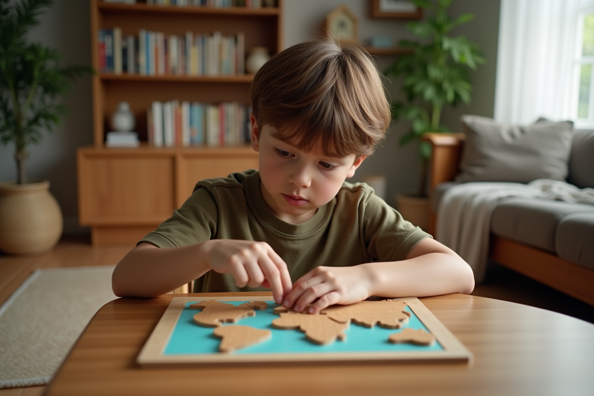 Garçon de 6 ans concentré sur un puzzle de cartes du monde à la maison