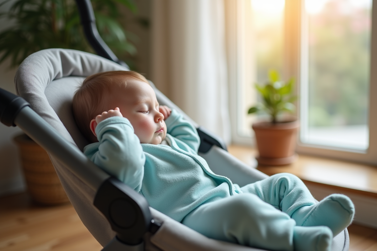 Bebe garçon de six mois dormant dans sa poussette lumineuse