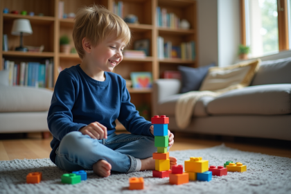 Garçon de 7 ans construisant une tour de blocs colorés
