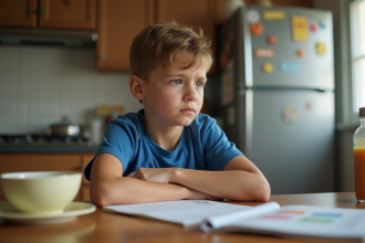Garçon de 8 ans pensif assis à la table de cuisine