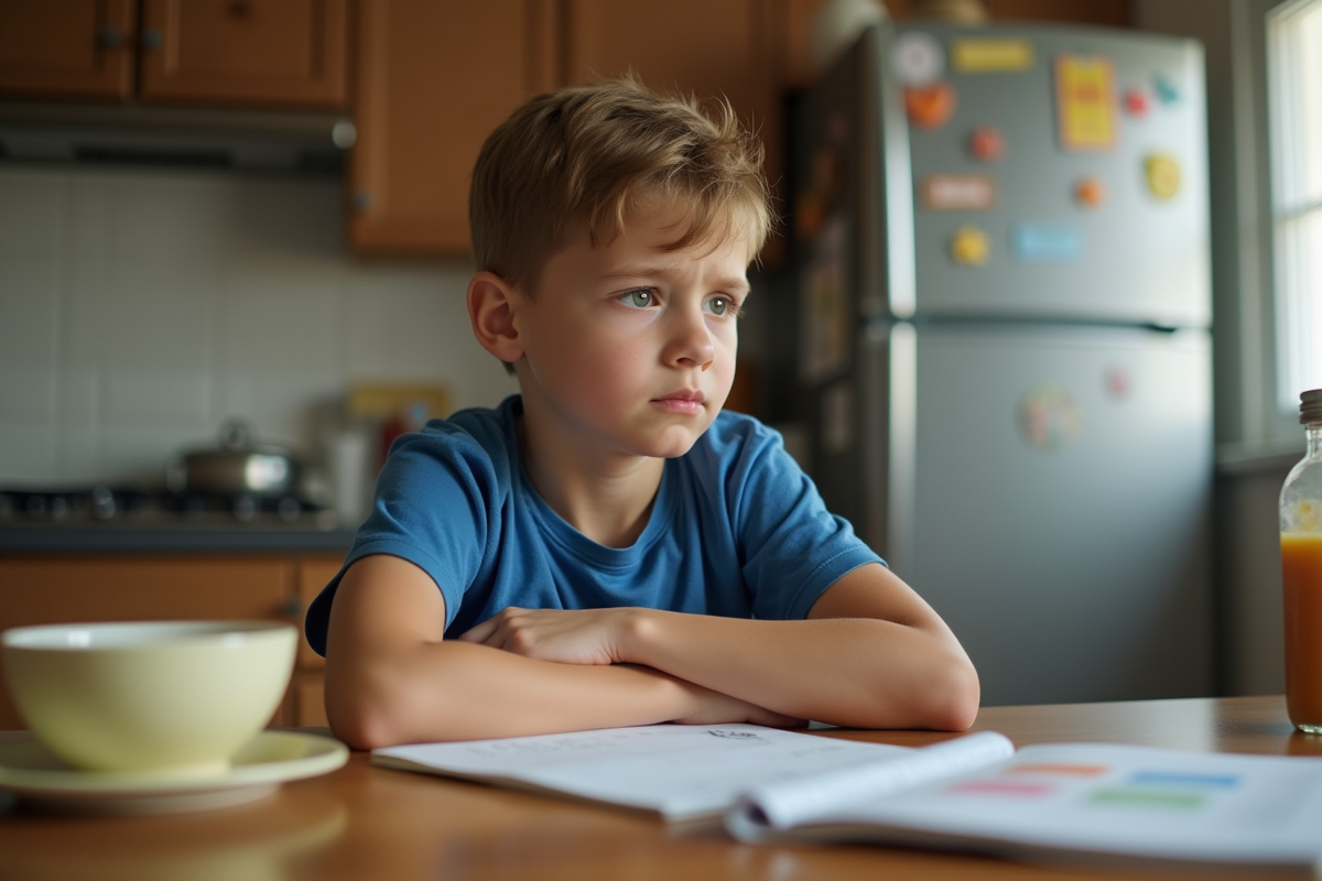 Garçon de 8 ans pensif assis à la table de cuisine