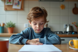 Garçon de 8 ans pensif assis à la table de cuisine