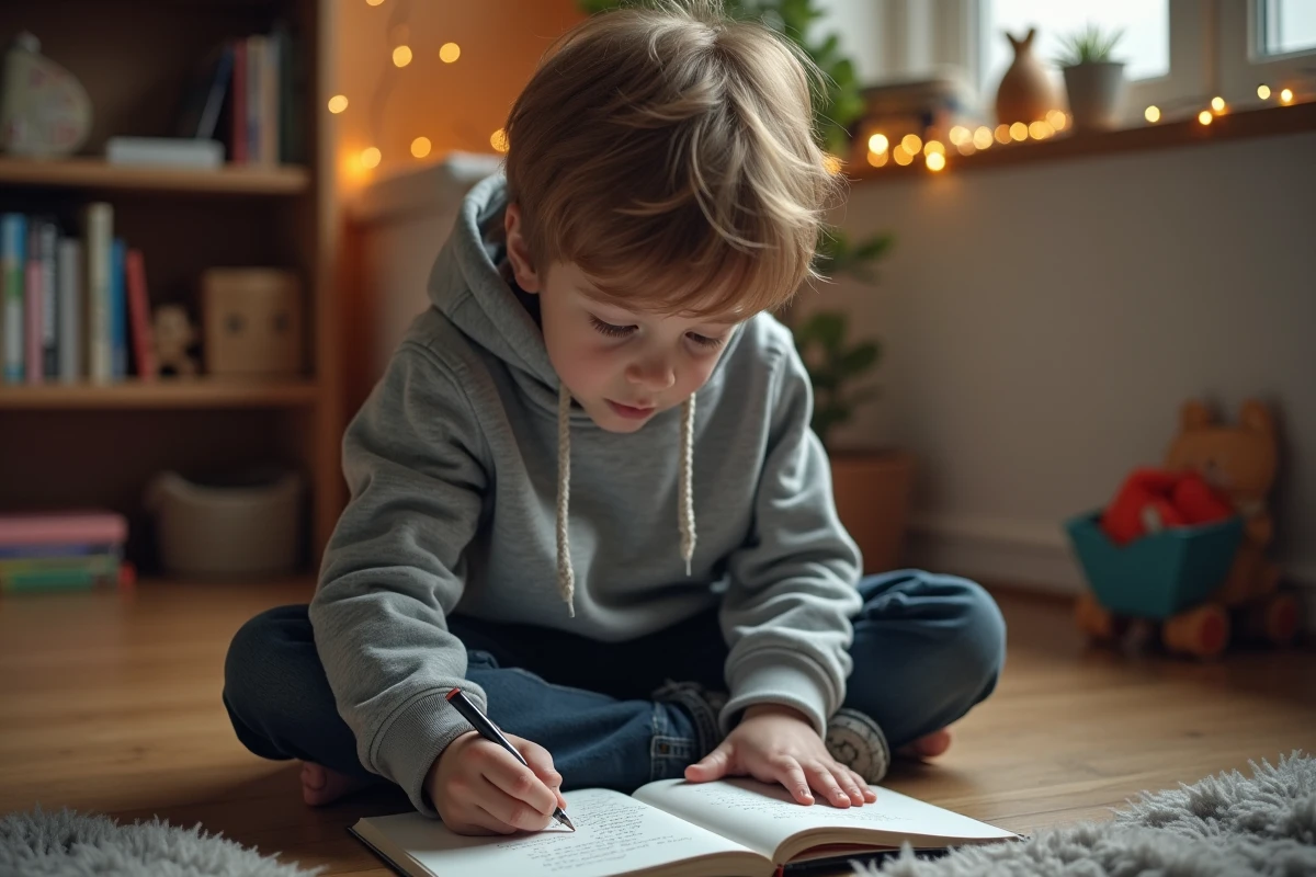 Garçon de 9 ans assis par terre dans sa chambre en train de remplir un modèle de lettre au père Noël imprimée