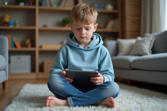 Jeune garçon de 8 ans avec tablette dans un salon cosy