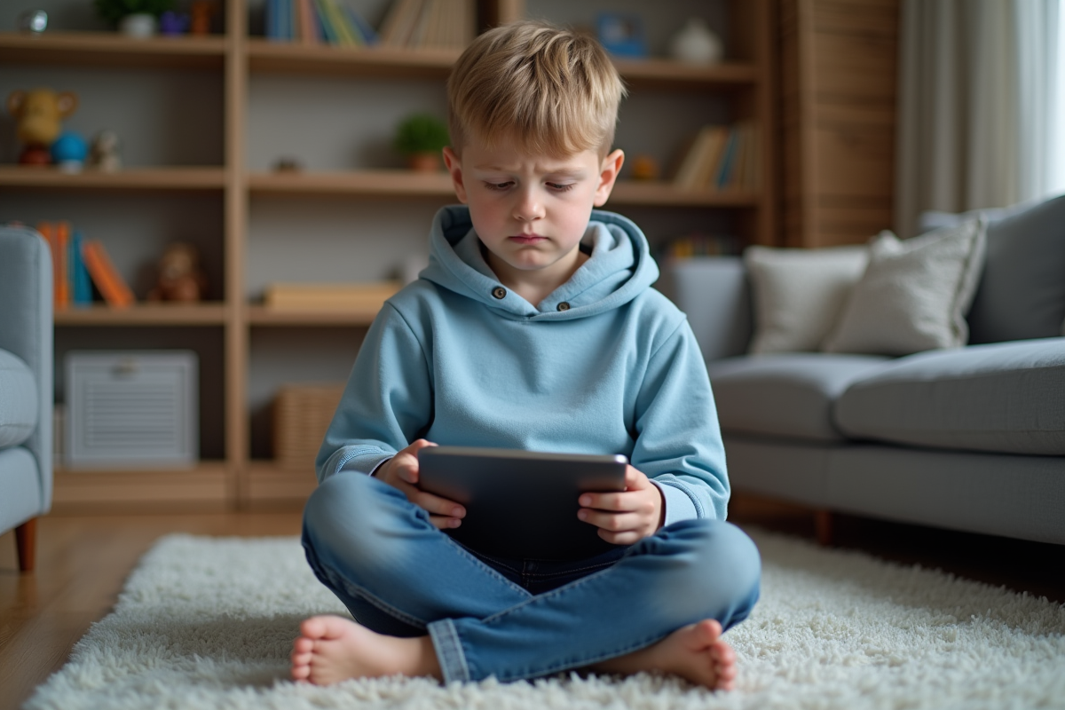Jeune garçon de 8 ans avec tablette dans un salon cosy