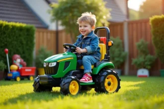 Garçon souriant en denim avec tracteur électrique en extérieur