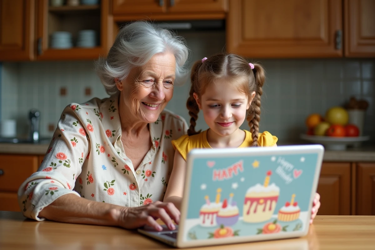 Grand-mère et petite-fille choisissant ensemble une carte d'anniversaire animée gratuite pour enfants sur un ordinateur