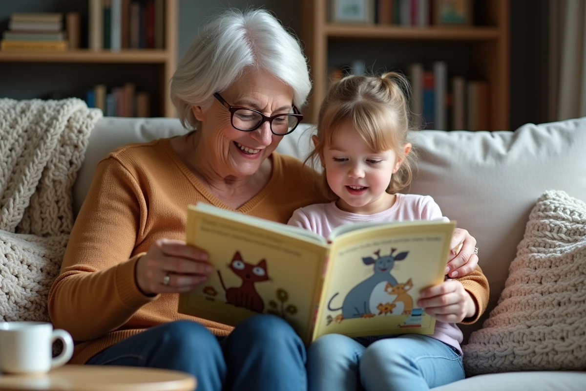 Une grand-mère et sa petite-fille lisent ensemble un livre de comptines illustré ouvert sur la page des trois petits chats, assises sur un canapé douillet