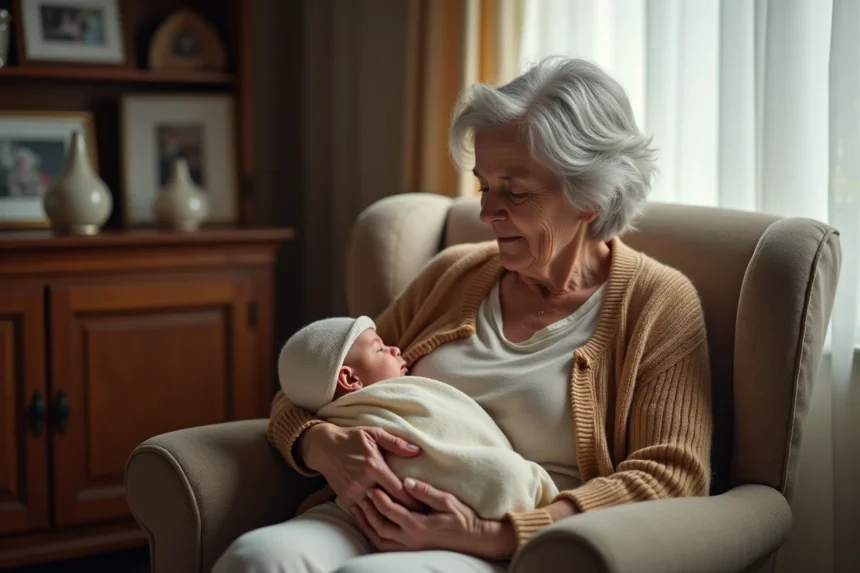 Grand-mère tenant un nouveau-né dans ses bras avec tendresse, cadeau personnalisé naissance pour grands-parents