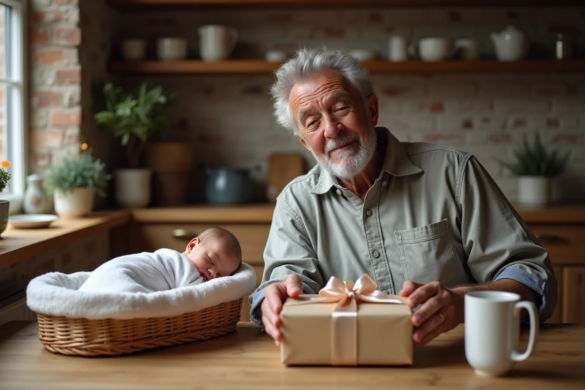 Grand-père découvrant un cadeau personnalisé pour la naissance de son petit-enfant endormi dans un couffin