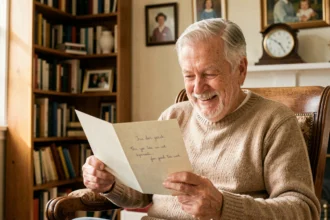 Grand-père souriant lisant une carte de fête des grands-pères dans son salon