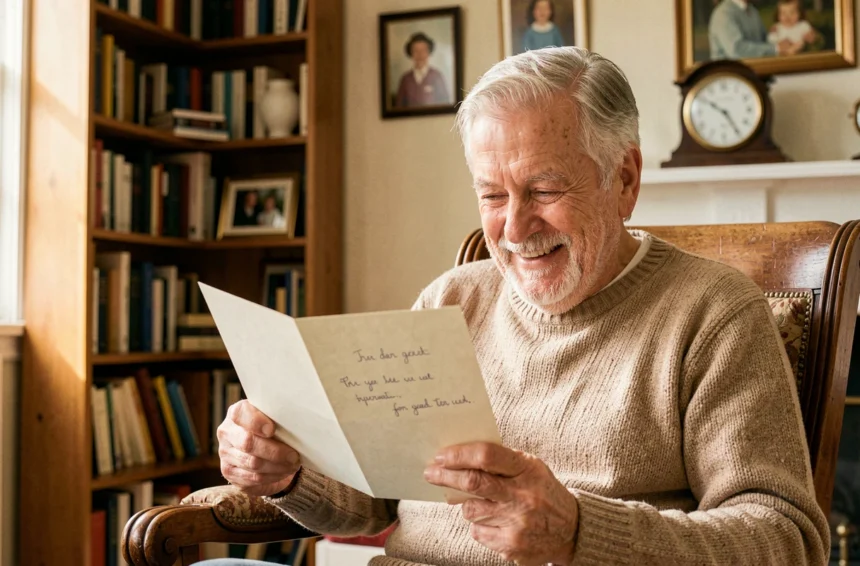 Grand-père souriant lisant une carte de fête des grands-pères dans son salon