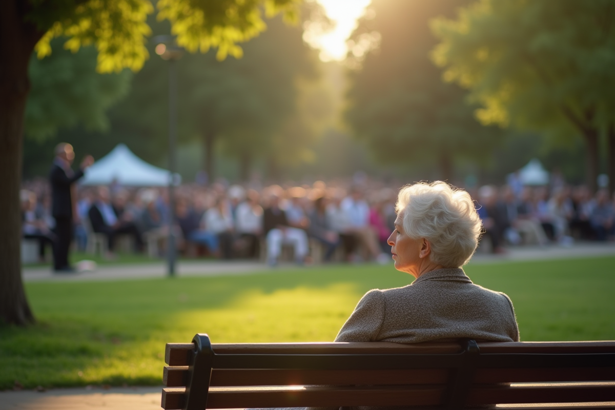 Grand-mère assise seule sur un banc dans un parc