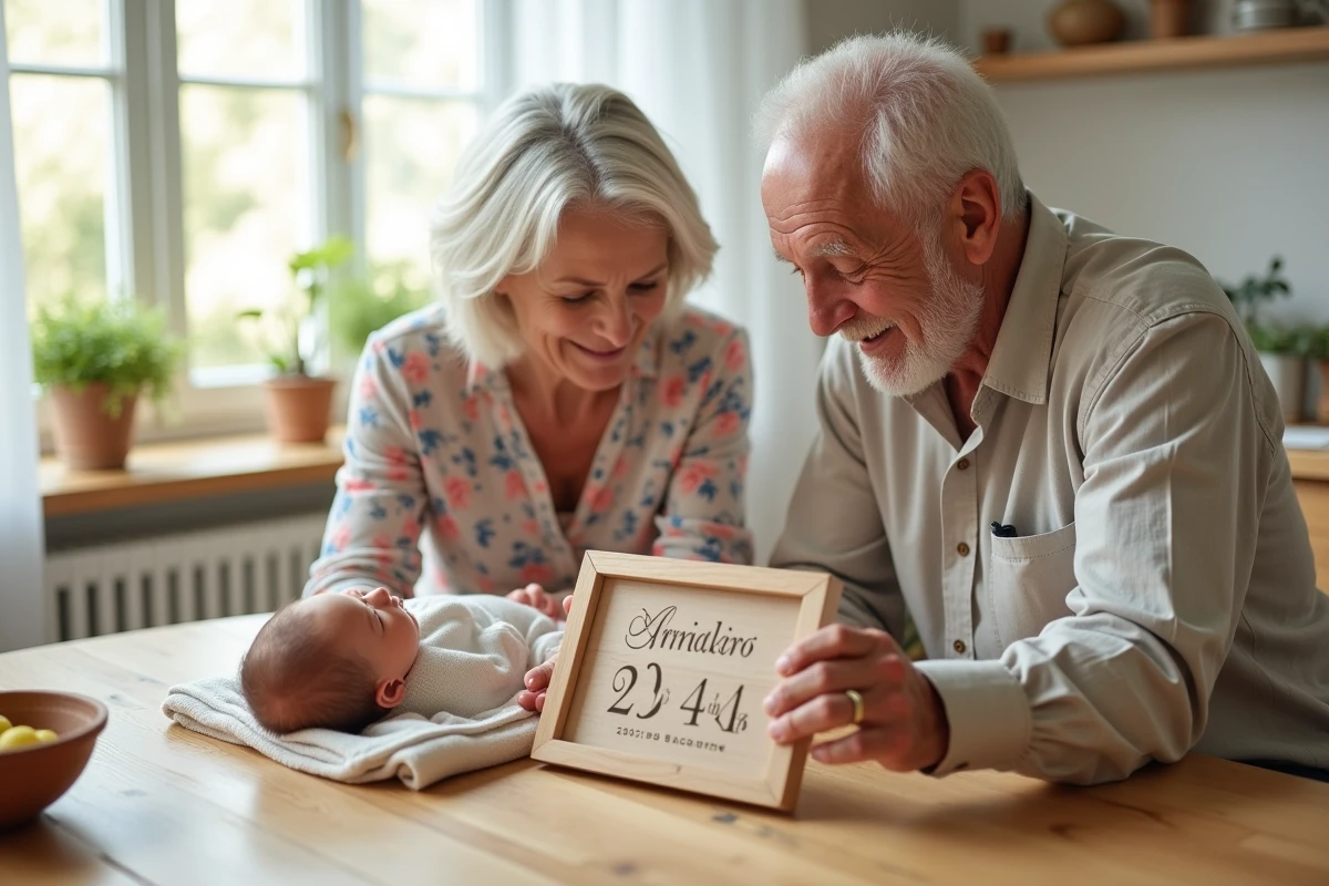 Grands-parents découvrant ensemble un cadre souvenir personnalisé avec les détails de naissance de leur petit-enfant