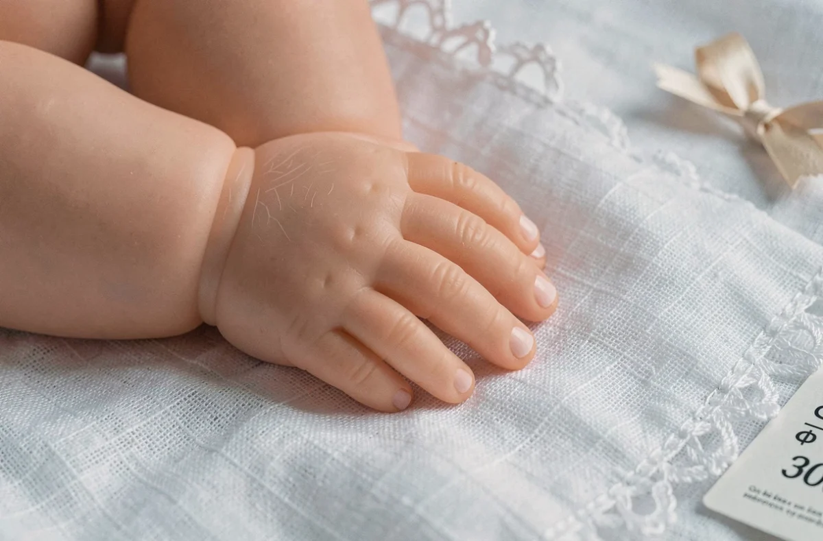 Gros plan sur les mains et le visage hyper réaliste d'une poupée reborn fille pas chère sur tissu blanc
