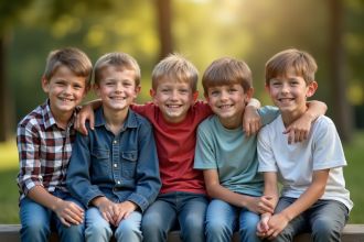 Groupe de jeunes garçons souriants en plein air
