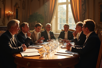 Groupe royal assis autour d'une table dans un palais lumineux