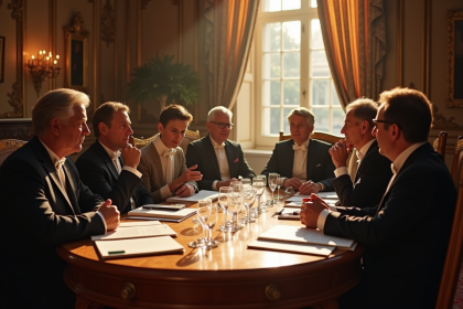 Groupe royal assis autour d'une table dans un palais lumineux