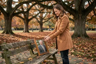 Femme tenant un portrait de son père décédé dans un parc automnal en hommage à un papa au ciel