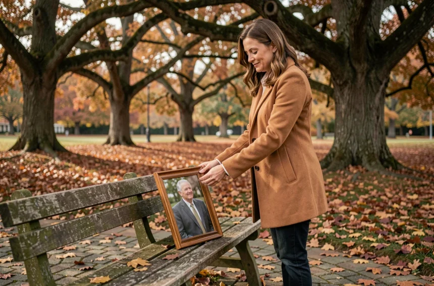 Femme tenant un portrait de son père décédé dans un parc automnal en hommage à un papa au ciel