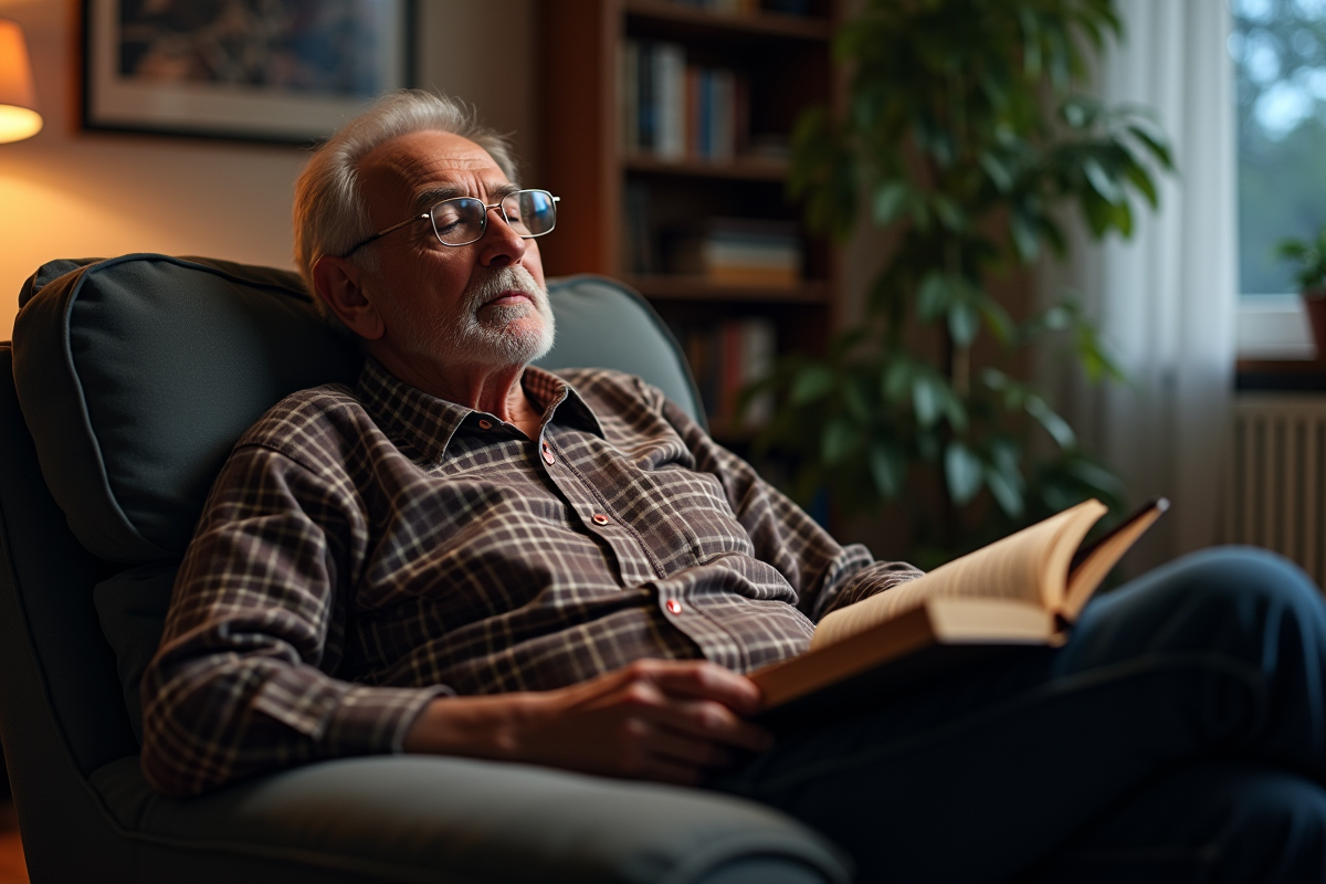 Homme âgé lisant paisiblement dans un fauteuil