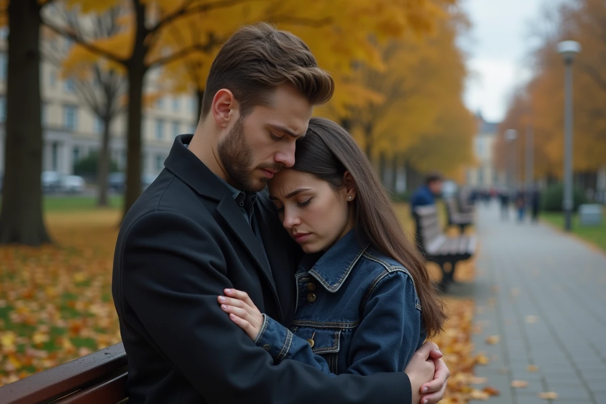 Homme réconfortant un ami dans un parc automnal