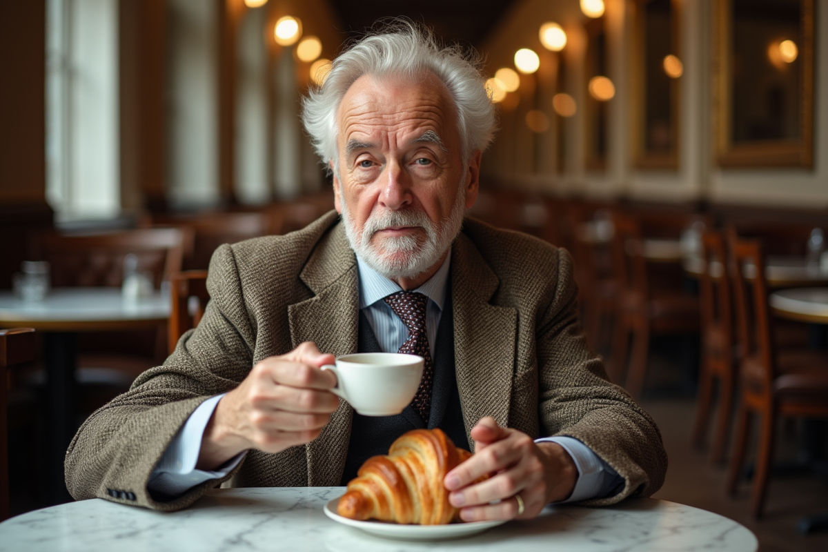 Homme âgé dégustant un café dans un café parisien