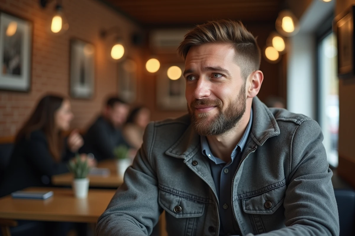 Homme assis dans un café avec un sourire pensif