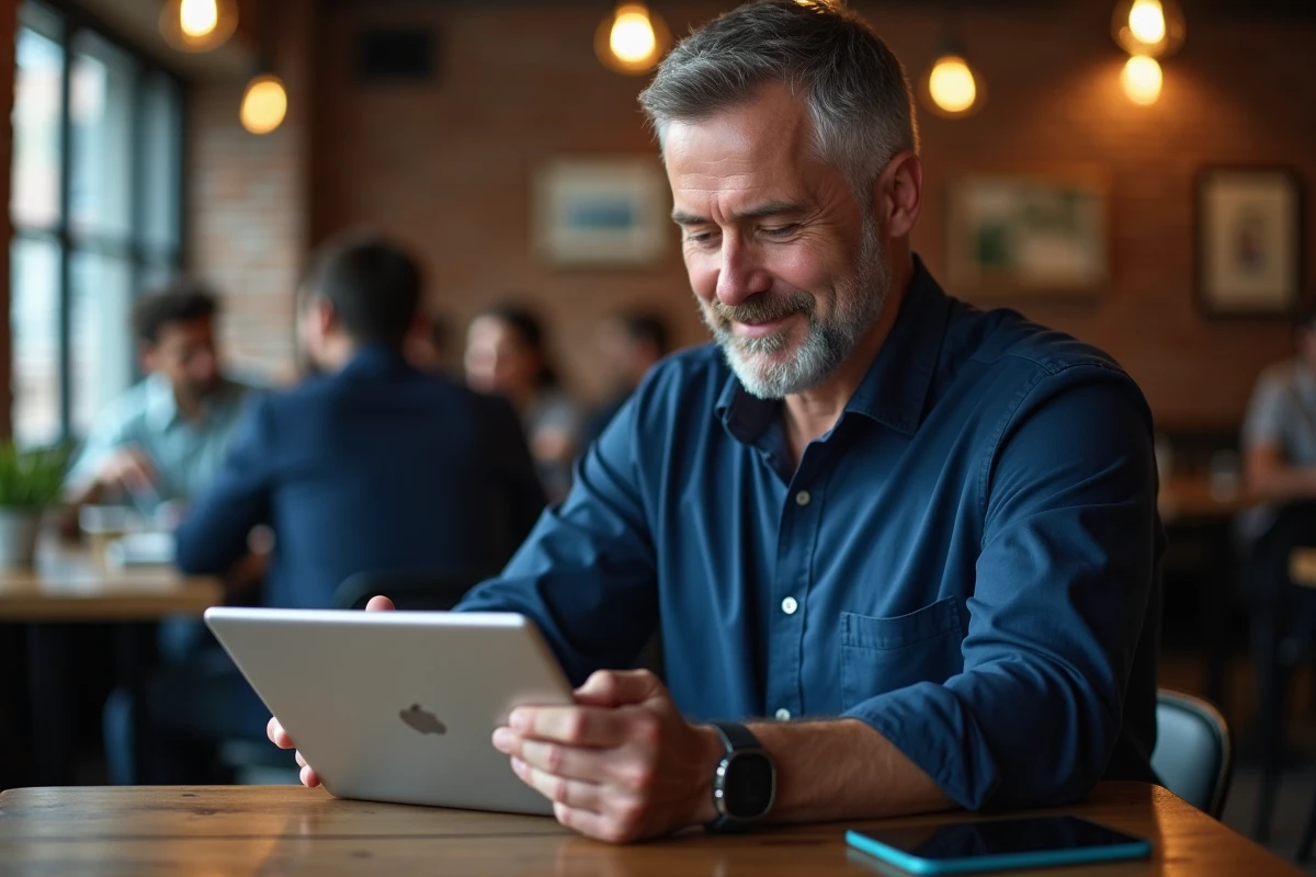 Homme en café utilisant tablette pour se connecter à Medisys