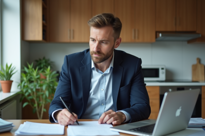 Homme professionnel dans une cuisine moderne en train de revoir des documents